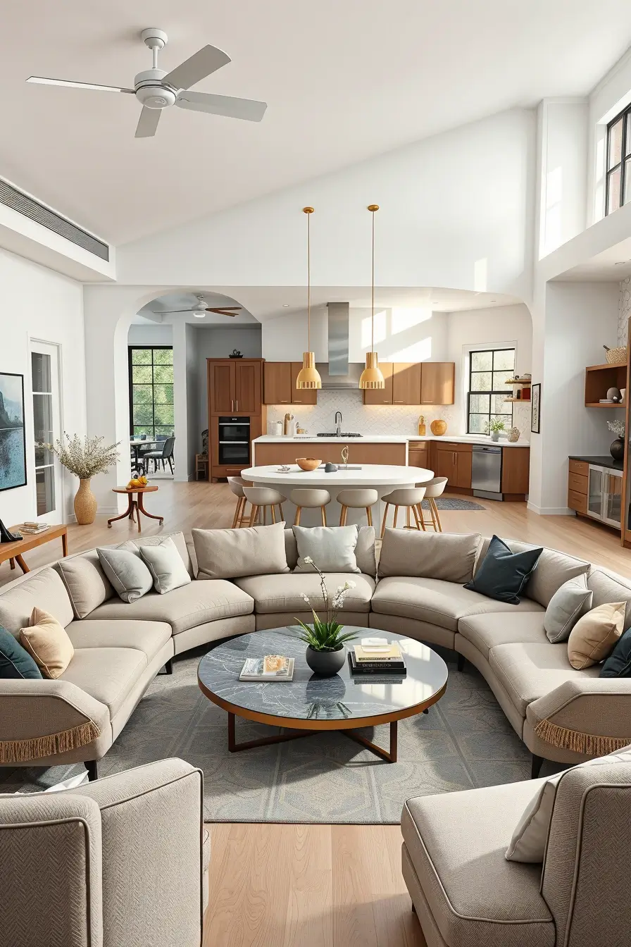 64 Open Kitchen Living Rooms for 2026 with Curved Designer Interiors