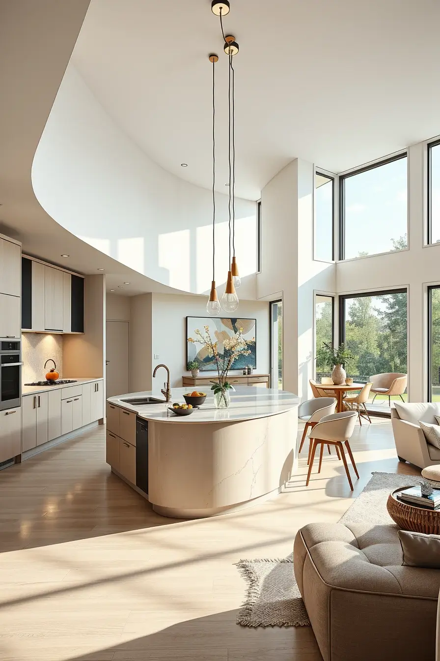 64 Open Kitchen Living Rooms for 2026 with Curved Designer Interiors